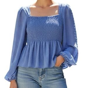 SHEIN Blue Smocked Square Neck Long Sleeve Peplum Top